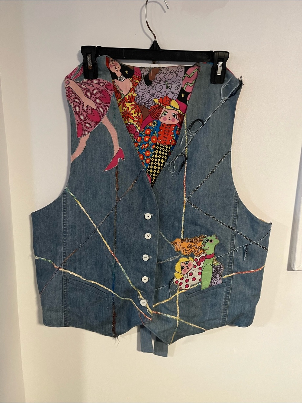 Vintage Denim Vibrant Patchwork Art Vest in Blue with Multicolor Accents - 1X